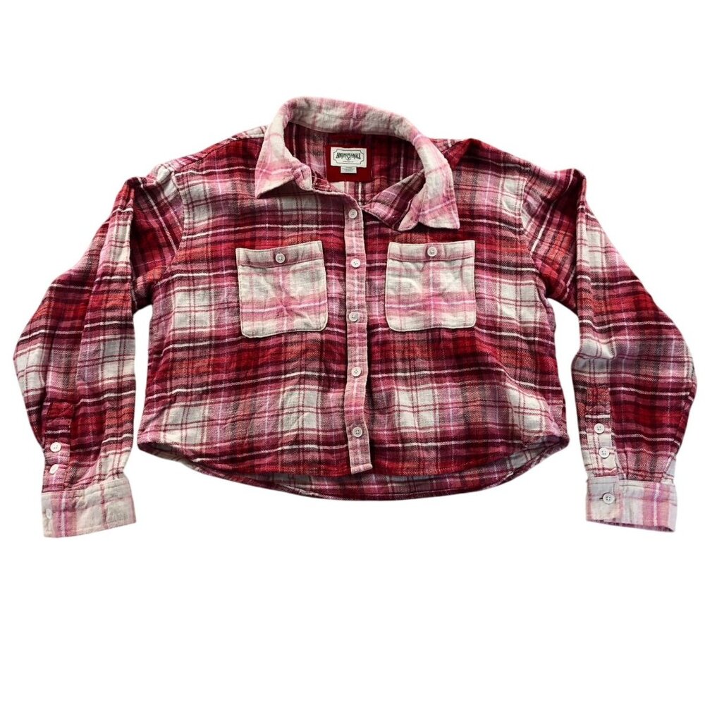 Vintage American Eagle Women's Cropped Shirt Medium Pink Plaid Long Sleeve Crop